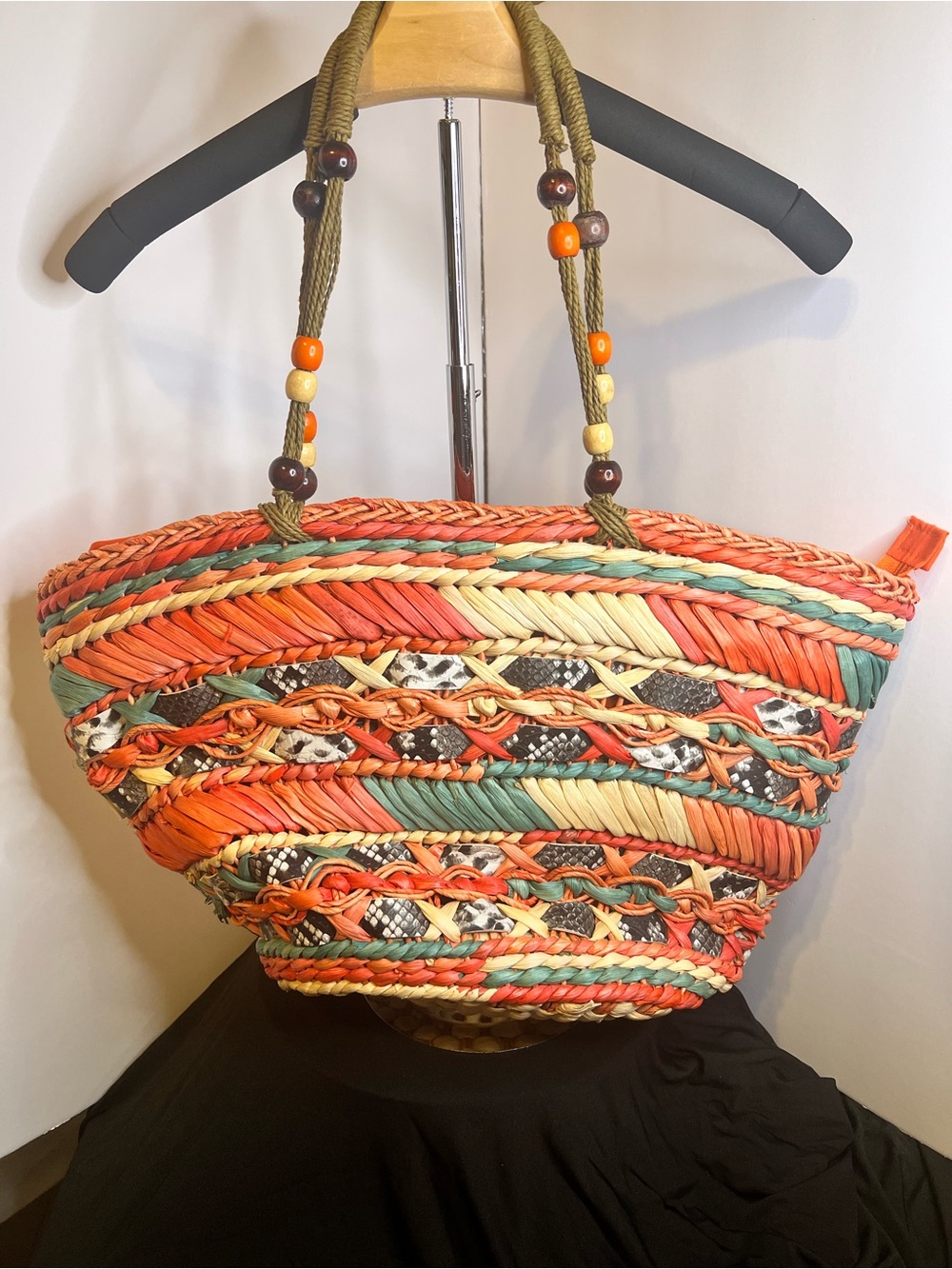 Colorful Woven Straw Tote Bag Beaded Handles Orange Lining Beach Boho Casual
